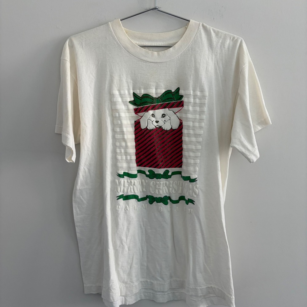 Vintage Palm Beach Merry Christmas Puppy Dog Gift Box T Shirt White Mens Large